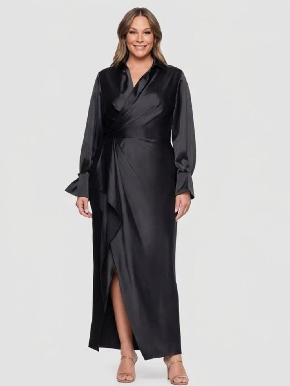 Xscape Emery Long Satin Collared Maxi Dress Gown Black Size 22W
